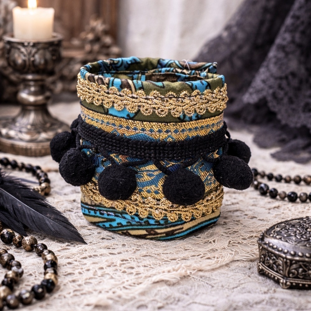 RUBYRUDI Cuff Bracelet Handcrafted OOAK Fabric Embellished Artisan Wearable Art